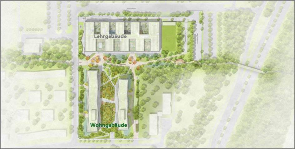 Standort der Kunst am Bau in der Campusachse, die zwischen dem Lehrgeäude (oben/Nord) und den beiden Wohngebäude (unten/Süd) verläuft. © 2024 ST raum a.