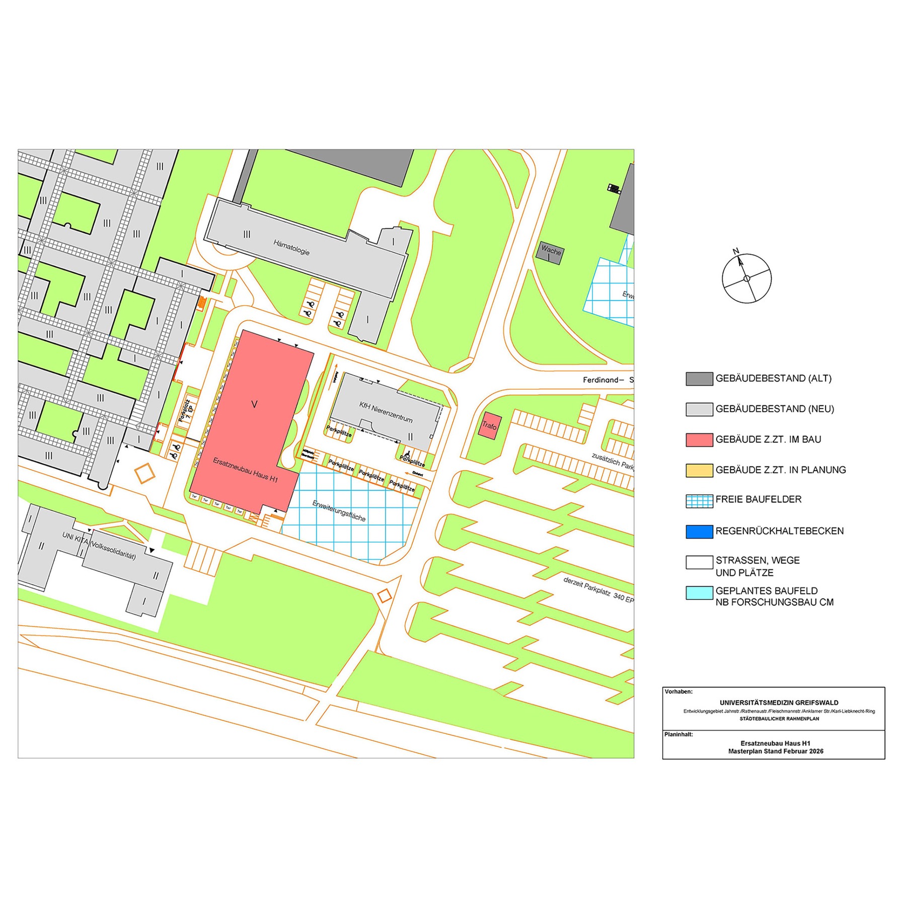 Auszug aus dem Masterplan zum Campus Berthold-Beitz-Platz (Stand Februar 2026) mit Darstellung des Ersatzneubaus © 2026 SBL Greifswald