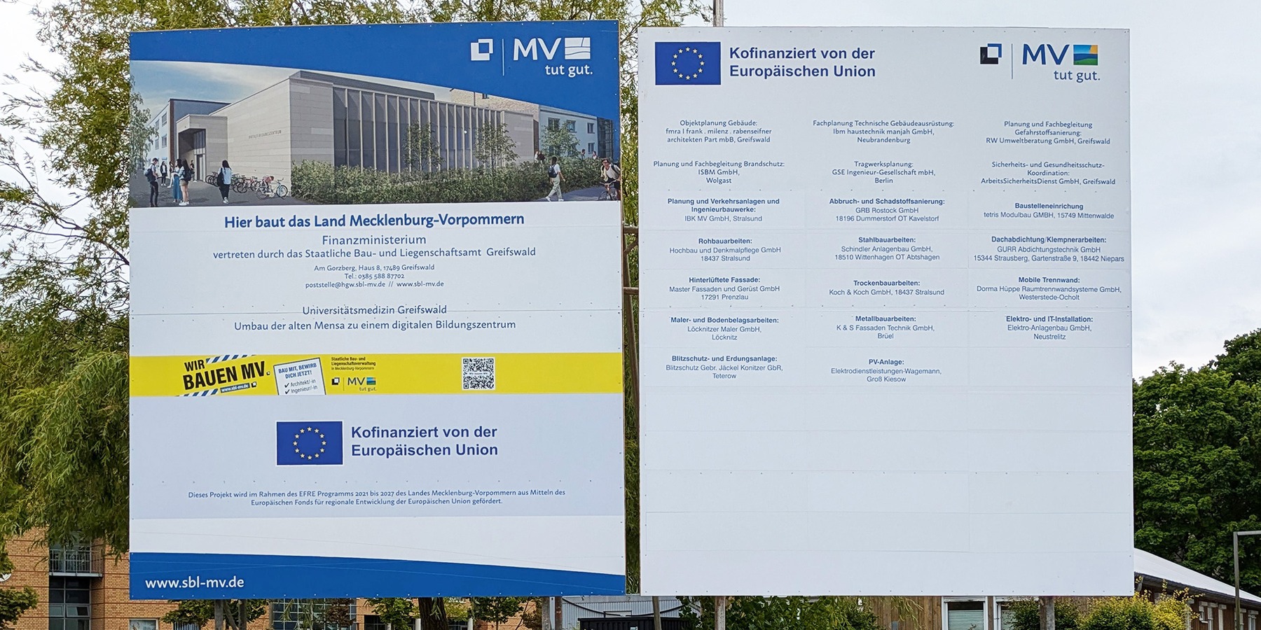 Bauschild - Umbau der alten Mensa zu einem digitalen Bildungszentrum © 2026 SBL Greifswald
