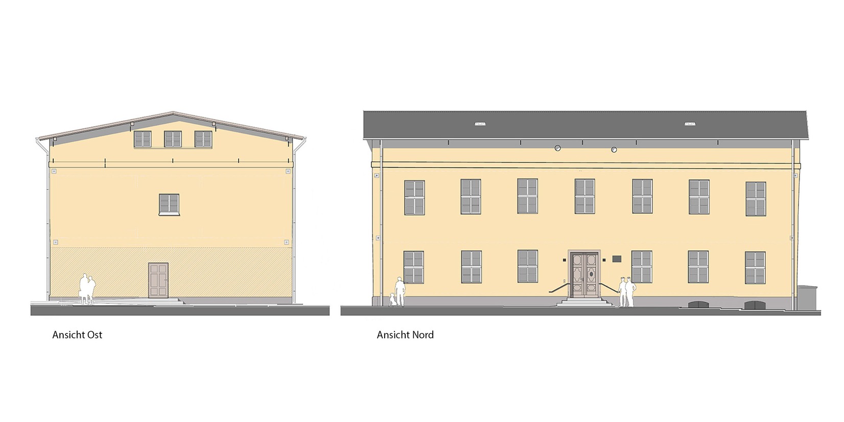 Ansichten mit Farbkonzept - so wird sich das Gebäude nach Fertigstellung präsentieren © 2025 fmra architekten Part mbB, Greifswald