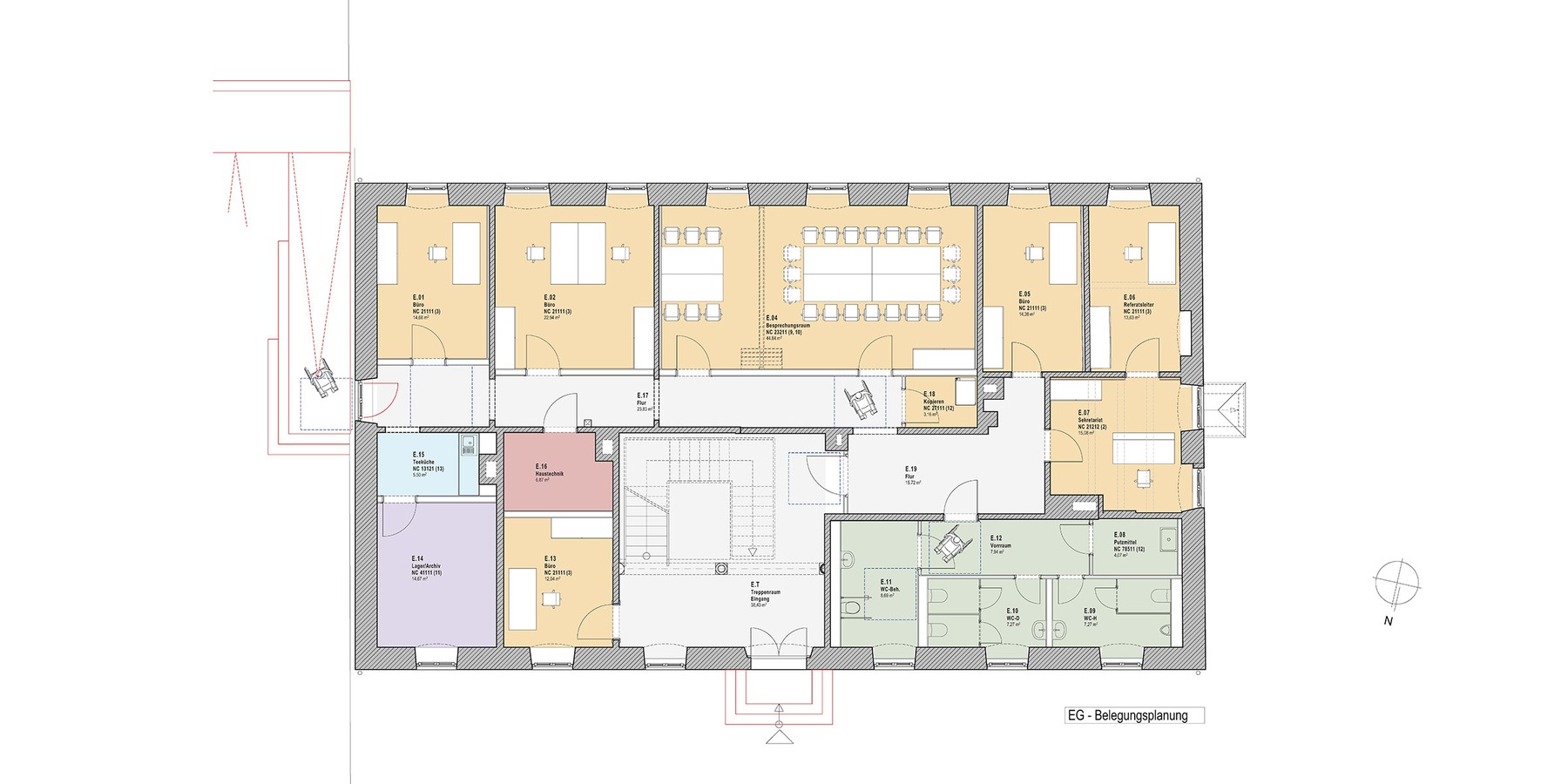 Grundriss Erdgeschoss mit Belegungsplanung - hier sind die für den allgemeinen Besucherverkehr dienenden Räume angeordnet © 2024 fmra architekten Part mbB, Greifswald