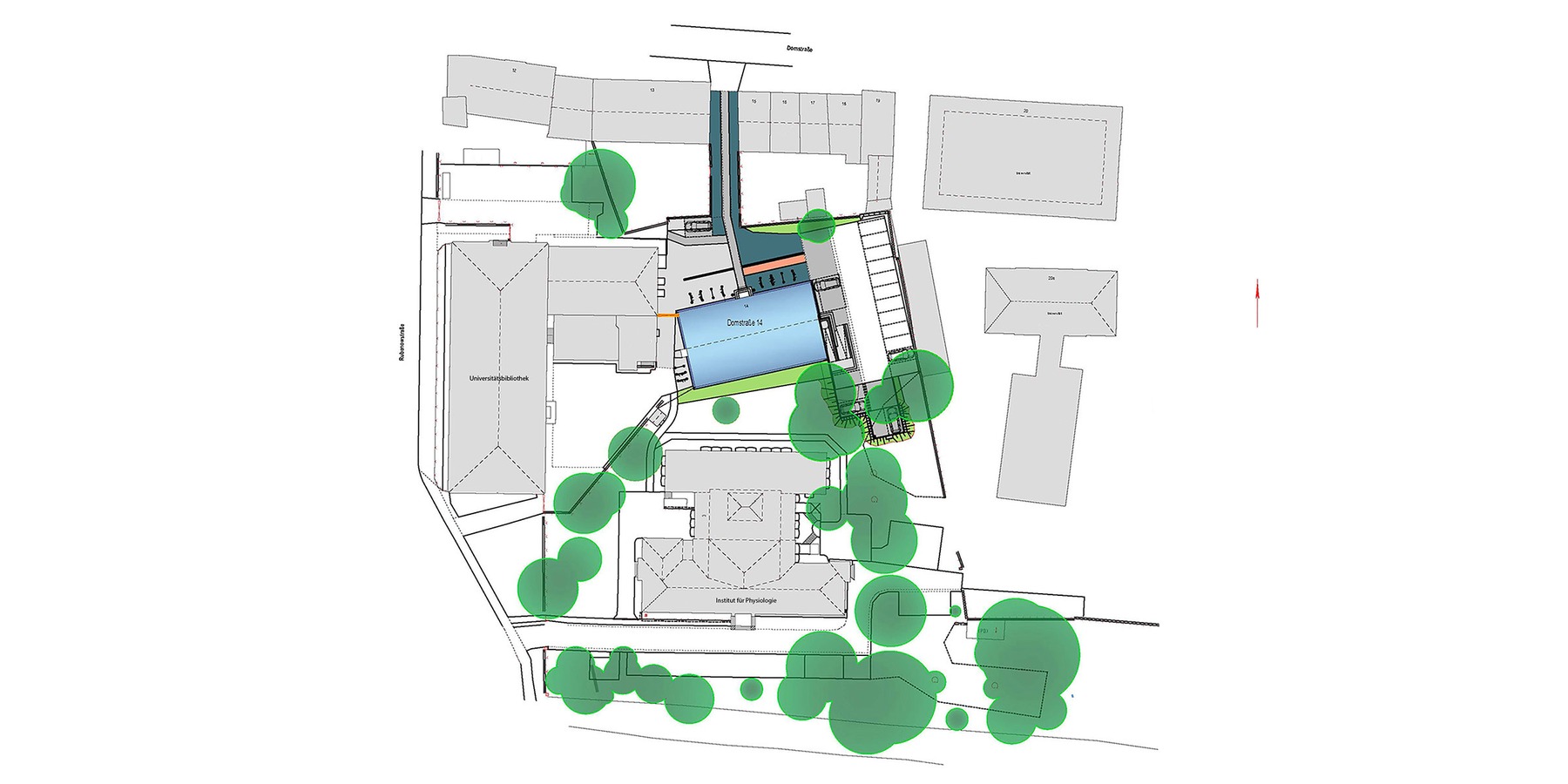 Lageplan - das Haus Domstraße 14 liegt in zweiter Reihe in einer Hoflage zwischen Domstraße und Wallanlagen, in direkter Nachbarschaft zur Alten Universitätsbibliothek und zum Institut für Physiologie © 2025 IBK MV GmbH, Stralsund