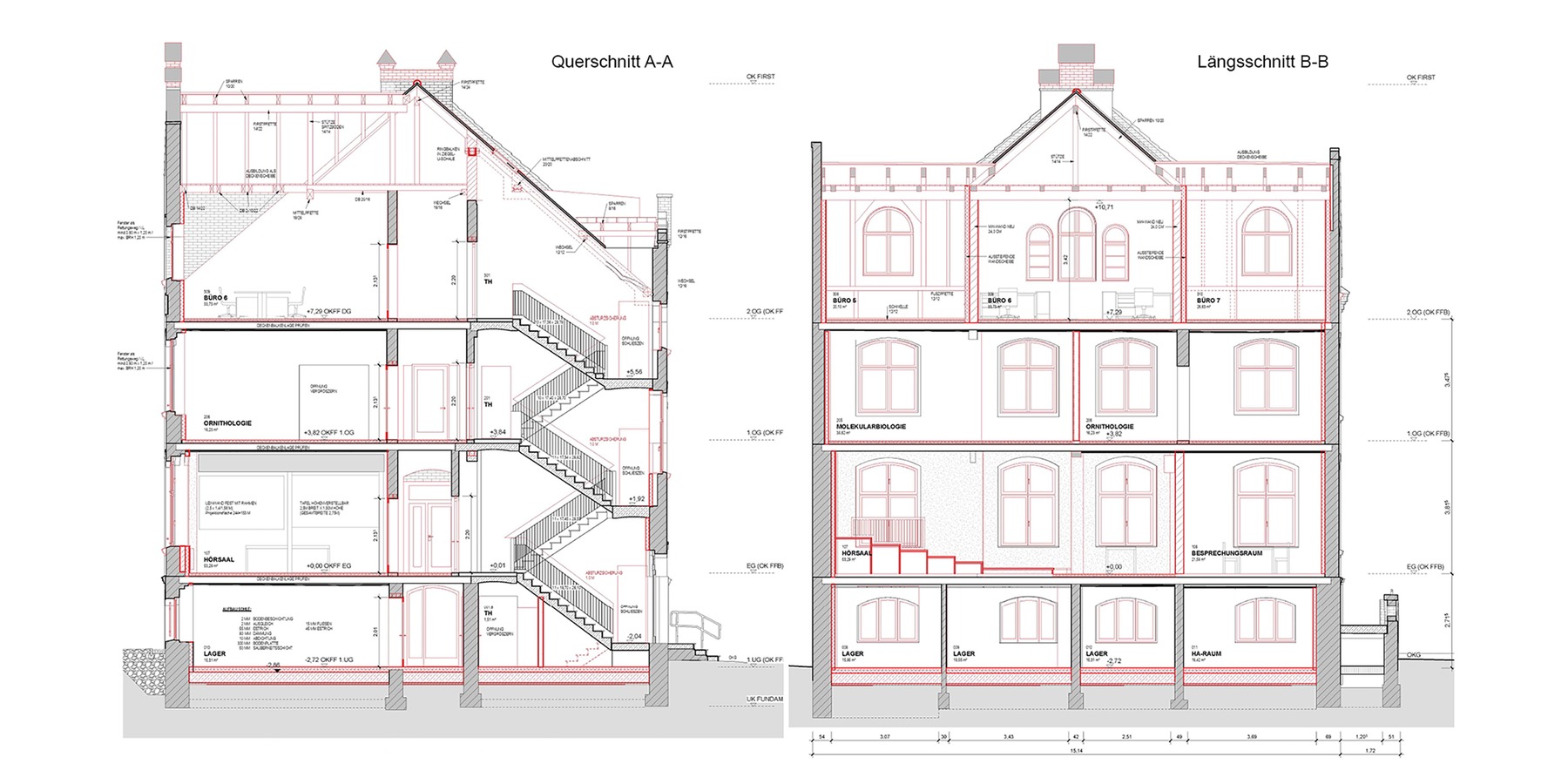 Gebäudeschnitte: Querschnitt A-A und Längsschnitt B-B © 2026 Architekten Johannsen und Partner mbB, Greifswald
