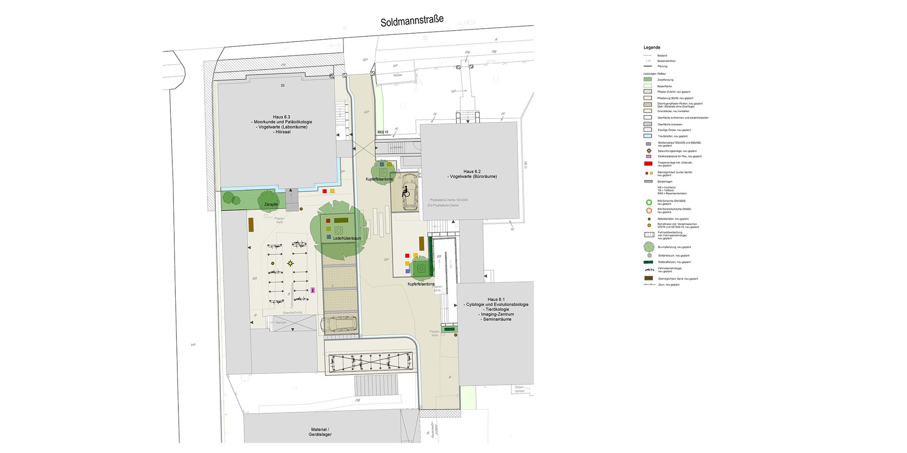Lageplan der Gesamtliegenschaft Soldmannstraße 23 mit dem zu sanierenden Altbau (Haus 6.3) und Neugestaltung der Außenanlagen © 2025 IBK M-V GmbH, Stralsund
